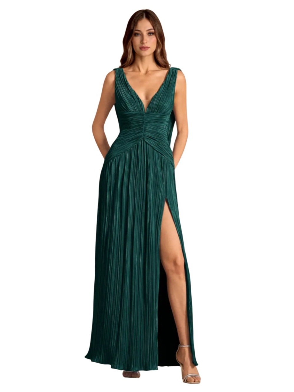 Azazie Quellia Emerald Green V-Neck Pleated Maxi Dress with Side Slit
